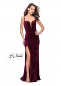 Picture of: Crushed Velvet Form Fitting Gown with Leg Slit and Open Back in Wine, Style: 25659, Detail Picture 3