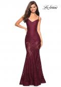 Picture of: Long Form Fitting Lace Prom Dress with Attached Shorts in Wine, Style: 27584, Detail Picture 4