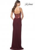 Picture of: Net Jersey Ruched Fitted Dress with Illusion and Boning on Back in Wine, Style: 32160, Detail Picture 4