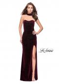 Picture of: Long Strapless Velvet Prom Gown with Cascading Beads in Wine, Style: 26239, Detail Picture 5