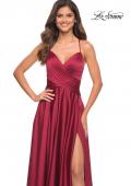 Picture of: Satin Jewel Tone Gown with Criss-Cross Ruched Top in Wine, Detail Picture 5