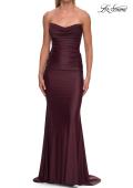 Picture of: Ruched Jersey Evening Gown with Draped Neckline and Sheer Corset Back in Wine, Style: 33415, Detail Picture 7