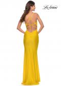 Picture of: Form Fitting Jersey Dress with Ruching and Strappy Back in Yellow, Style: 27501, Detail Picture 17