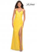 Picture of: Bright Draped Slit Long Sequin Gown with Lace Up Back in Yellow, Style: 30747, Detail Picture 1
