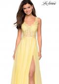 Picture of: Floor Length Chiffon Prom Dress with Sheer Floral Bodice in Yellow, Style: 27751, Detail Picture 2