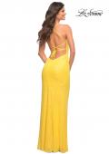Picture of: Bright Draped Slit Long Sequin Gown with Lace Up Back in Yellow, Style: 30747, Detail Picture 2