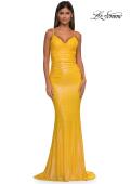 Picture of: Gorgeous Metallic Prom Dress with Ruching and Illusion Back in Yellow, Style: 33034, Detail Picture 3