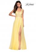 Picture of: Floor Length Chiffon Prom Dress with Sheer Floral Bodice in Yellow, Style: 27751, Detail Picture 5