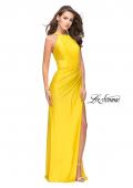 Picture of: High Neck Long Form Fitting Gown with Ruching in Yellow, Style: 26141, Detail Picture 6