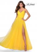 Picture of: Long Tulle A-line Prom Gown with Side Slit and Pockets in Yellow, Style: 28561, Detail Picture 6