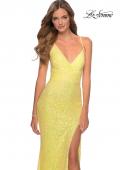 Picture of: Stretch Lace Dress with Lace Up Back and Rhinestones in Yellow, Style: 28632, Detail Picture 6
