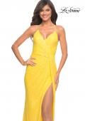 Picture of: Bright Draped Slit Long Sequin Gown with Lace Up Back in Yellow, Style: 30747, Detail Picture 6