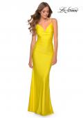 Picture of: Form Fitting Jersey Dress with Ruching and Strappy Back in Yellow, Style: 27501, Detail Picture 7