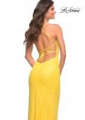 Picture of: Bright Draped Slit Long Sequin Gown with Lace Up Back in Yellow, Style: 30747, Detail Picture 7
