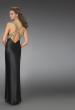 Picture of: Low V Neck Dress with Thigh High Slit and Printed Belt in Black, Style: 14196, Back Picture