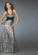 Picture of: Long Printed Deep V Gown with Criss Cross Back in Silver, Style: 14734, Main Picture