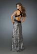 Picture of: Long Printed Deep V Gown with Criss Cross Back in Silver, Style: 14734, Back Picture