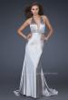 Picture of: Halter Neck Deep V Prom Gown with Beaded Belt and Train in Silver, Style: 14743, Main Picture