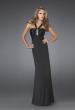Picture of: Long Jersey Prom Dress with Ruching and Broach in Black, Style: 14925, Main Picture