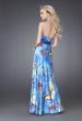 Picture of: Butterfly Print Long Halter Satin Prom Dress in Blue Multi, Style: 15228, Back Picture