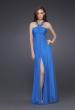 Picture of: Silk Gown with Beaded Straps, Ruching, and Open Back in Blue, Style: 15245, Main Picture