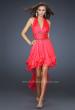 Picture of: High Low Prom Gown with Plunging V Halter Top in Red, Style: 16986, Detail Picture 1