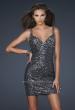 Picture of: Short Empire Dress with V Back and Stones and Sequins in SIlver, Style: 17105, Main Picture