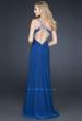 Picture of: Form Fitting Long Jersey Gown with Front Slit and Beads in Blue, Style: 17366, Back Picture