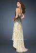 Picture of: Long Strapless Gown with High Low Skirt and Sequins in Gold, Style: 18591, Back Picture