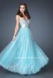 Picture of: Strapless Long Ball Gown with Beaded Bodice and Belt in Blue, Style: 18910, Detail Picture 3