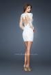 Picture of: Short Fitted Lace Dress with Illusion Neckline and Sleeves in White, Style: 18979, Back Picture