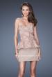 Picture of: Short Strapless Prom Dress with Textured Bodice and Peplum in Nude, Style: 19088, Main Picture