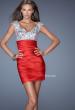 Picture of: Short Fitted Satin Prom Dress with Multi-Beaded Bodice in Red, Style: 19503, Main Picture
