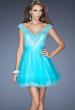 Picture of: Short Prom Dress with Tulle Skirt and Embellished Lace Bodice in Blue, Style: 19572, Main Picture