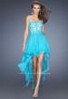 Picture of: Strapless High Low Prom Dress with Lace Overlay Bodice in Blue, Style: 19607, Main Picture