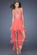 Picture of: Strapless High Low Prom Dress with Lace Overlay Bodice in Orange, Style: 19607, Detail Picture 1