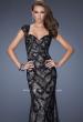 Picture of: Lace Column Gown with Sheer Cap Sleeves and Beading in Black, Style: 19971, Main Picture