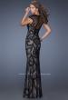 Picture of: Lace Column Gown with Sheer Cap Sleeves and Beading in Black, Style: 19971, Back Picture