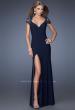 Picture of: Fitted Jersey Prom Dress with Side Leg Slit and V Neck in Blue, Style: 20011, Main Picture