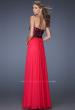 Picture of: Long Chiffon Prom Dress with Belt and Sweetheart Neck in Pink, Style: 20068, Back Picture