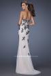 Picture of: Lace Column Prom Gown with Black Lace Appliques in White, Style: 20076, Back Picture