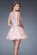 Picture of: Short Lace A-line Dress with High Boat Neckline in Pink, Style: 20164, Back Picture