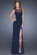 Picture of: Fitted Jersey Prom Dress with Sheer Net Detail and Slit in Blue, Style: 20438, Main Picture