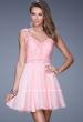 Picture of: Short Chiffon Prom Dress with Jeweled Lace Accents in Pink, Style: 20618, Detail Picture 1