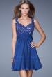 Picture of: Short Chiffon Prom Dress with Jeweled Lace Bodice in Blue, Style: 20631, Detail Picture 2