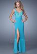 Picture of: Sleeveless Jersey Gown with Lace Bodice and Slit in Blue, Style: 20640, Detail Picture 1