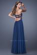 Picture of: Chiffon Gown with Criss Cross Ruched Bodice and Beads in Blue, Style: 20658, Back Picture