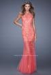 Picture of: Mermaid Gown with Sheer Neckline and Tulle Skirt in Coral, Style: 20722, Detail Picture 4
