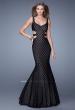 Picture of: Long Mermaid Gown with Polka Dot Lace Overlay in Black, Style: 20813, Main Picture
