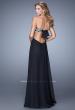 Picture of: Strapless Chiffon Gown with Metallic Lace Top and Slits in Black, Style: 20819, Back Picture